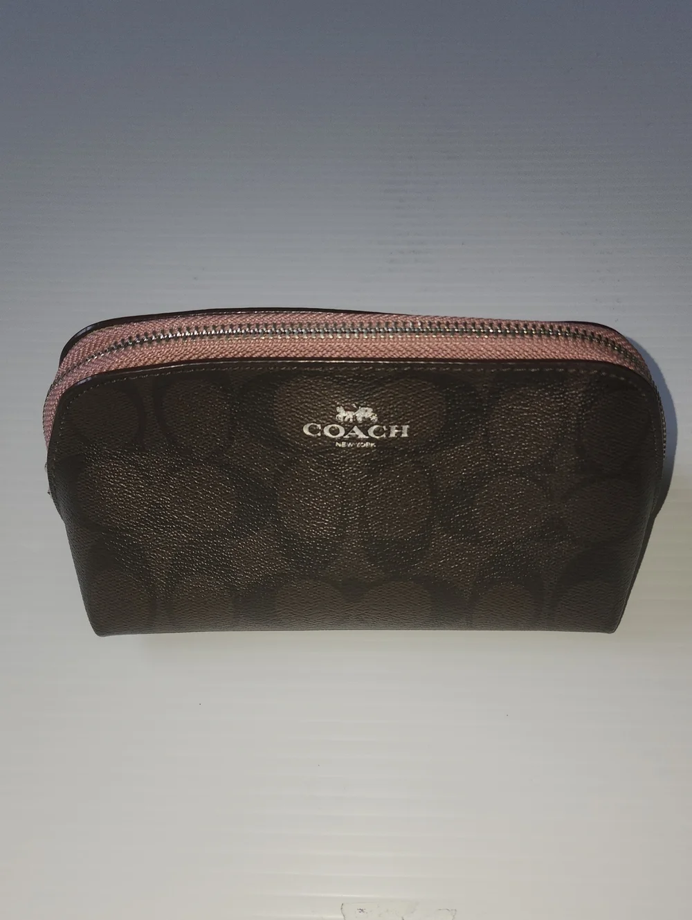 Coach Cosmetic Case 17  Signature Canvas Pouch with Pink Zipper.